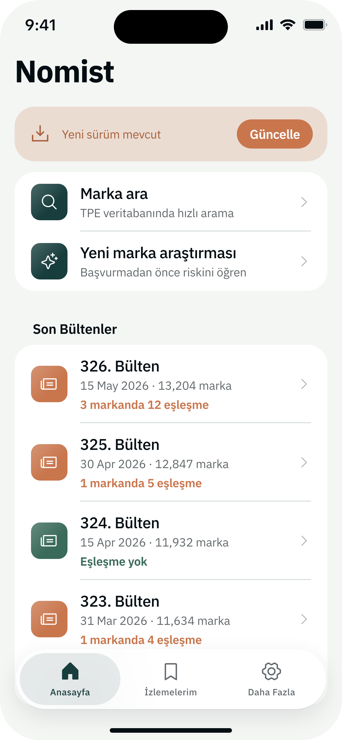 Nomist uygulaması ana ekranı: son bültenler ve izlenen markalar
