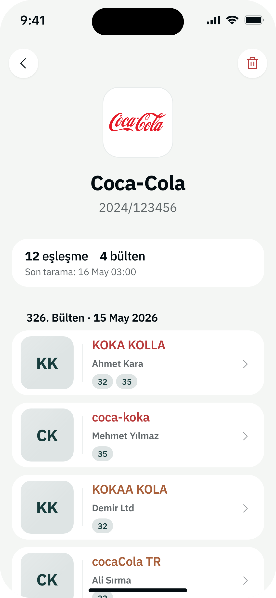 Benzer marka eşleşmeleri ekranı